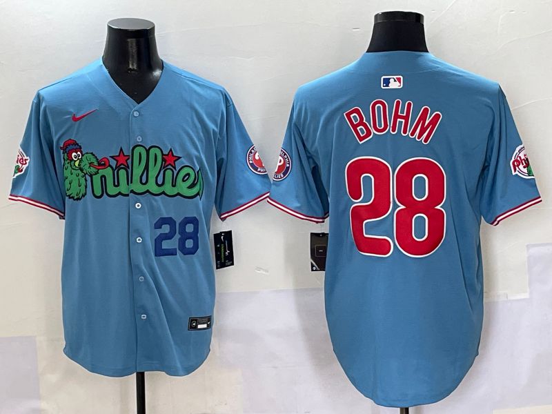 Men Philadelphia Phillies #28 Bohm Light Blue three generations Joint Name Nike 2025 MLB Jersey style 2